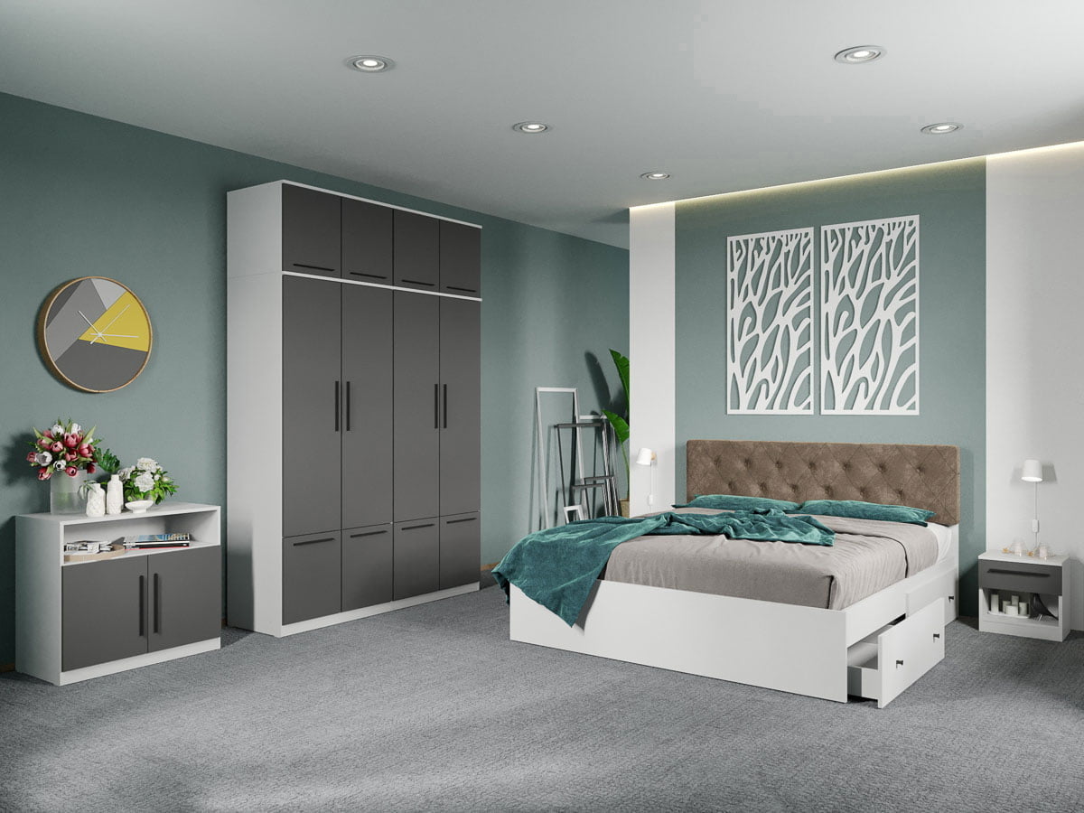 Set dormitor complet Alb-Gri cu comoda - Madrid - C110 Set dormitor complet Alb-Gri cu comoda - Madrid - C110
