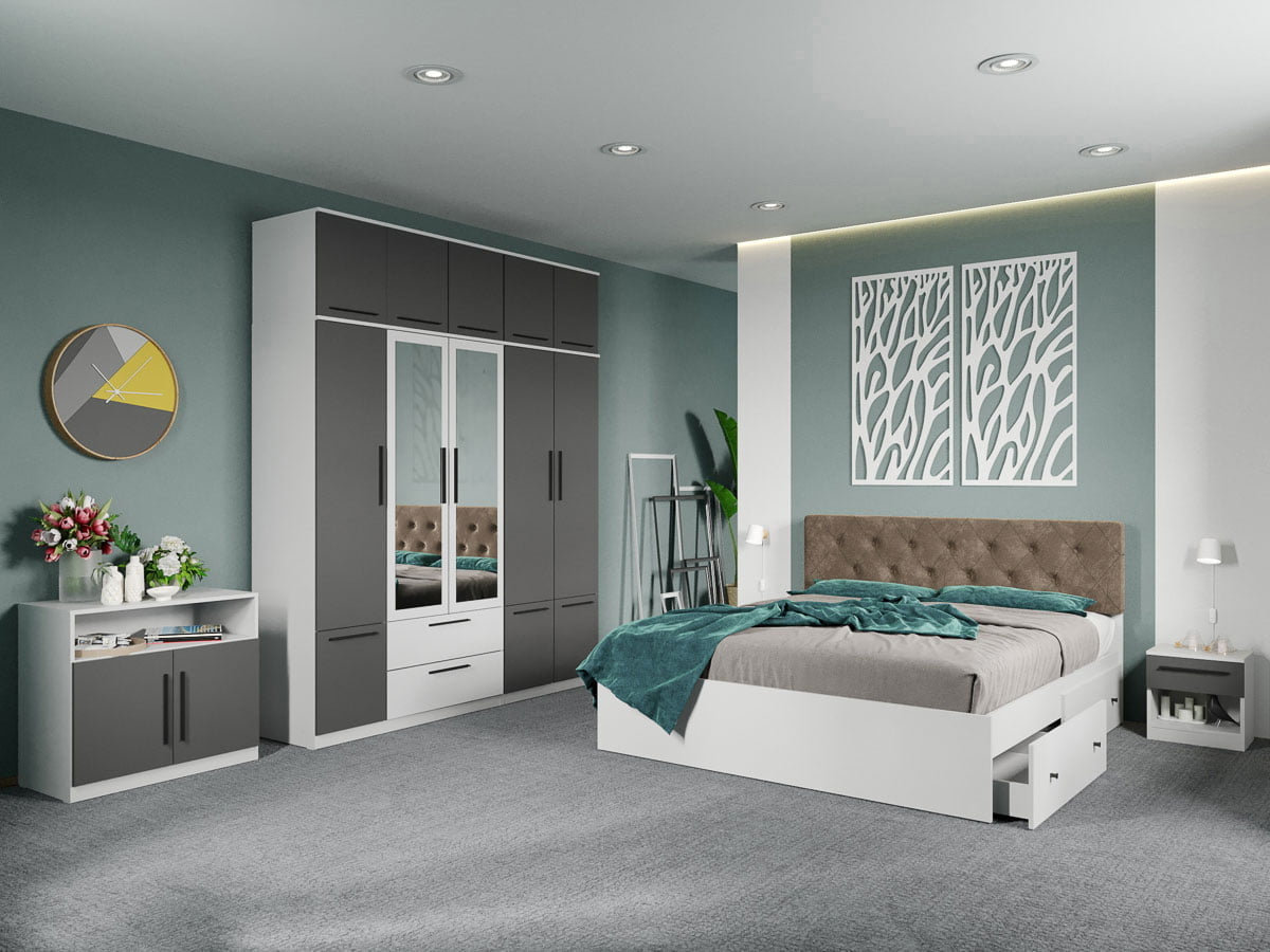 Set dormitor complet Alb-Gri cu comoda - Madrid - C120 Set dormitor complet Alb-Gri cu comoda - Madrid - C120