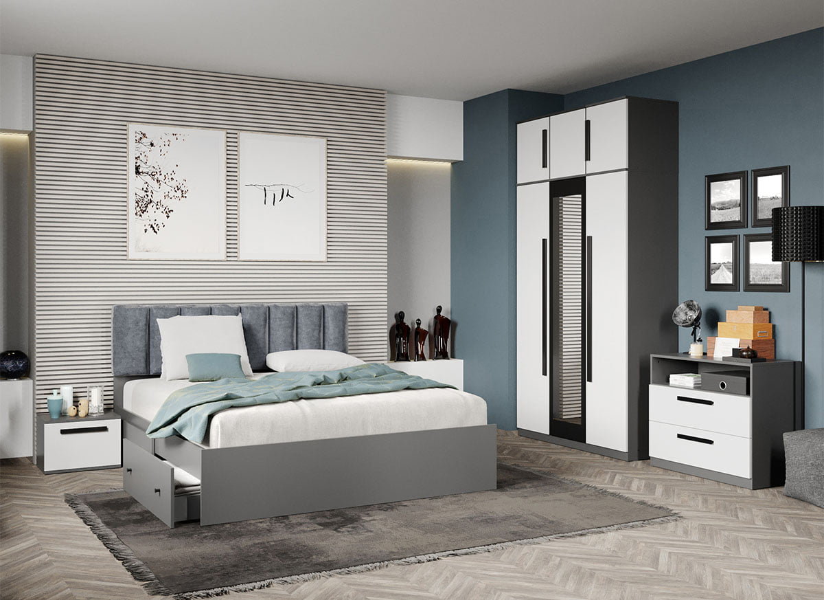 Set dormitor complet Alb cu Gri - Dallas - C17 Set dormitor complet Alb cu Gri - Dallas - C17
