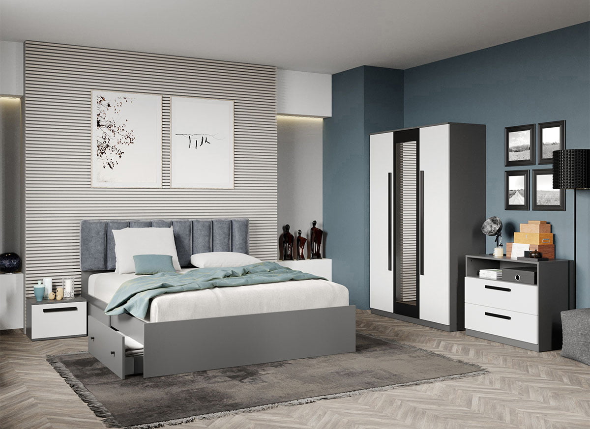 Set dormitor complet Alb cu Gri - Dallas - C18 Set dormitor complet Alb cu Gri - Dallas - C18