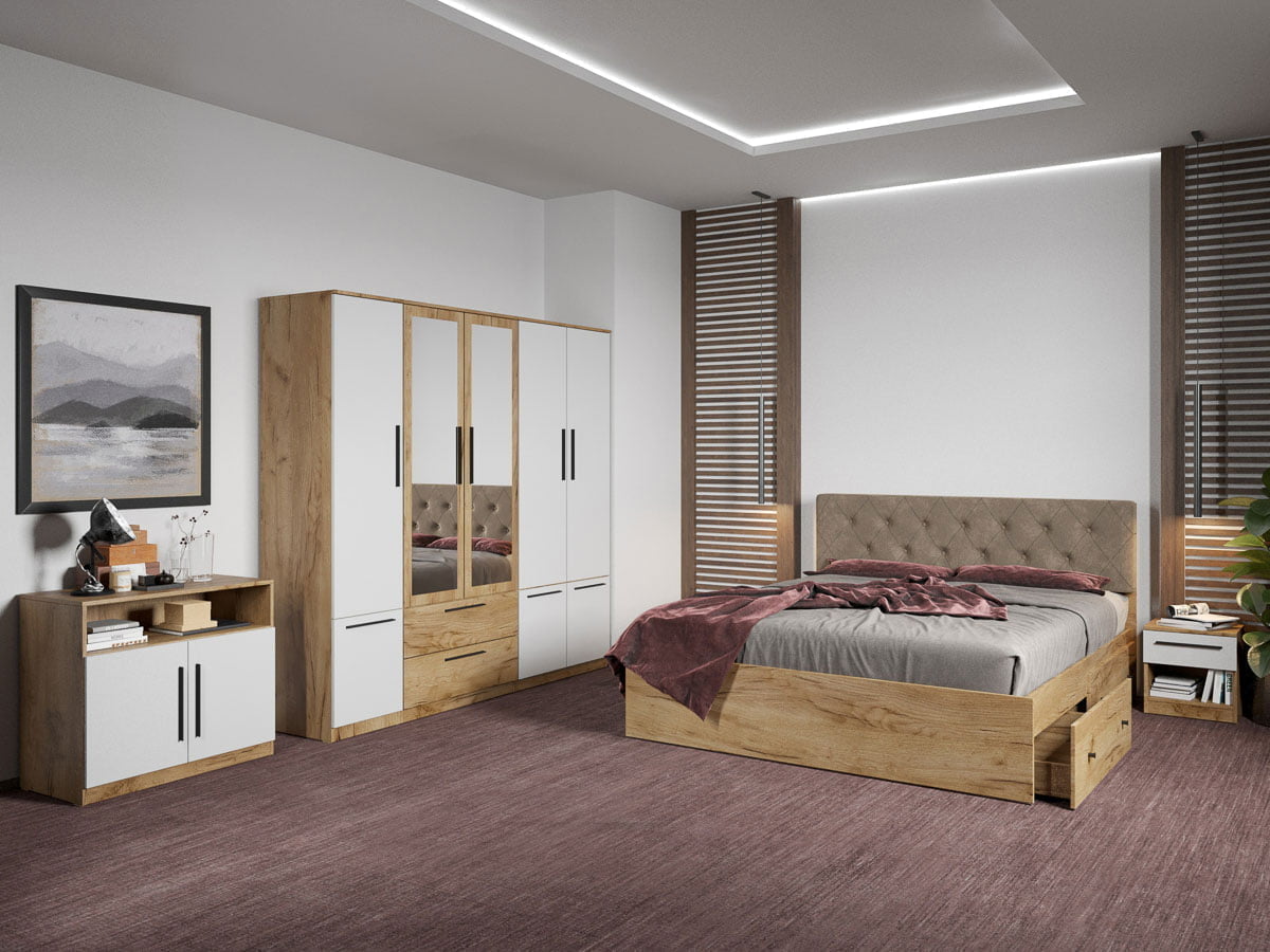 Set dormitor complet Stejar Auriu cu comoda - Madrid - C84 Set dormitor complet Stejar Auriu cu comoda - Madrid - C84
