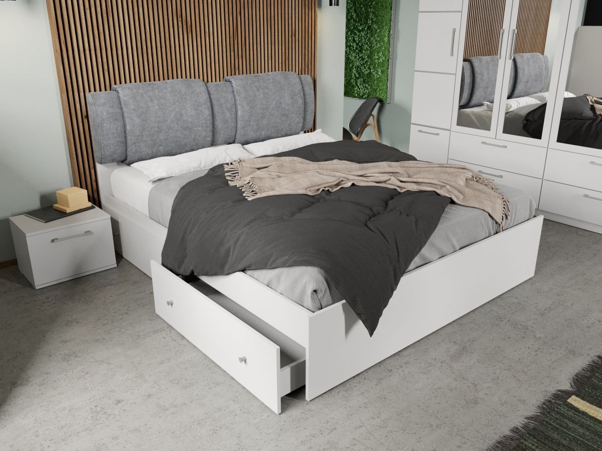 Pat Alb cu tapiterie Gri deschis Adapto 140x200 Set 4 sertare