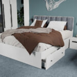 Pat Alb cu tapiterie Gri deschis 180x200 Set 2 sertare