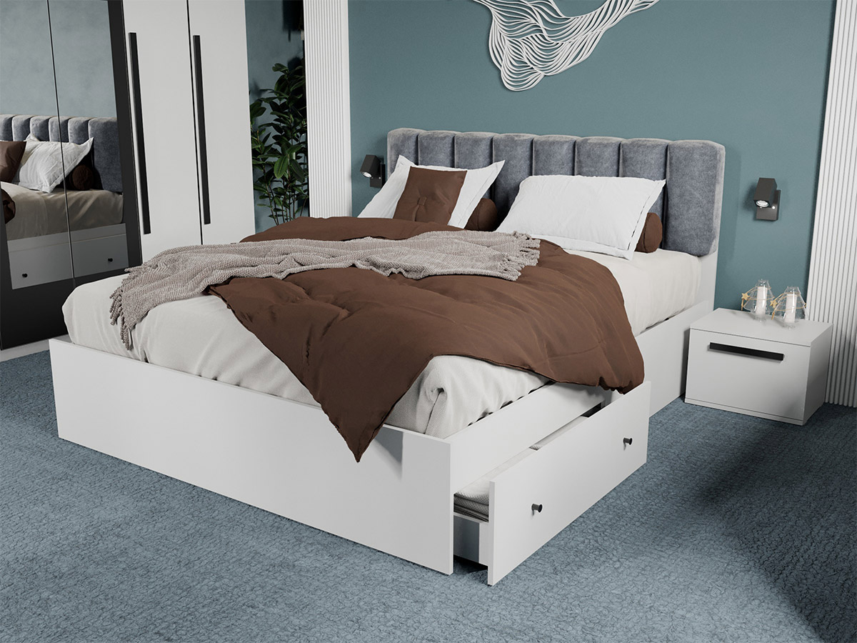 Pat Alb cu tapiterie Gri deschis 180x200 Set 2 sertare