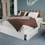Pat Alb cu tapiterie Bej 160x200 Set 2 sertare