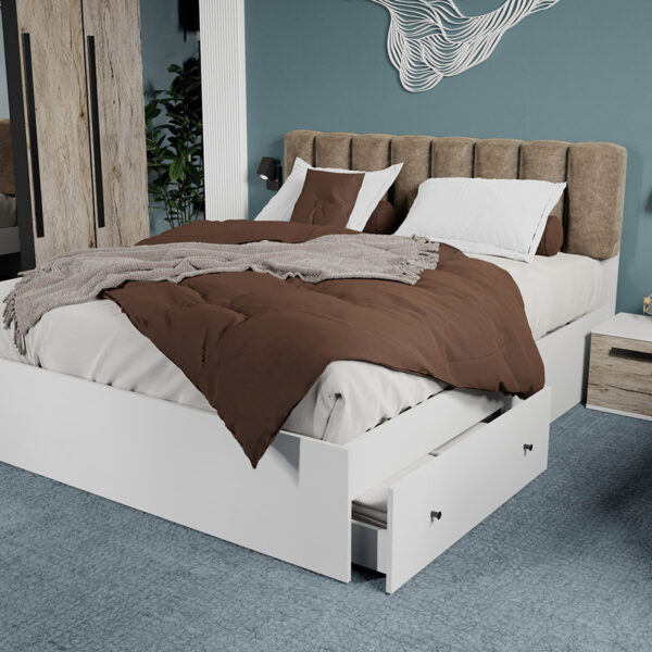 Pat Alb cu tapiterie Bej 160x200 Set 2 sertare