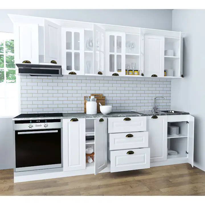 Set bucatarie cu soft-close si fronturi MDF, Badenmob, seria Square, L260.02x60cm, alb rustic