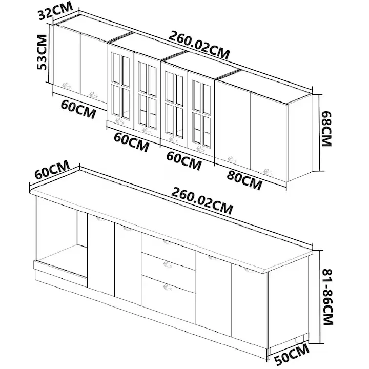 Set bucatarie cu soft-close si fronturi MDF, Badenmob, seria Square, L260.02x60cm, alb