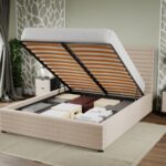 Pat Tapitat Mateo cu somiera rabatabila si lada de depozitare Bej - Falcone 102 180x200