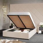 Pat Tapitat cu Panou Inalt C3 Dubai pentru saltea de 190 rabatabil cu lada Crem - Velluto 2 160x190