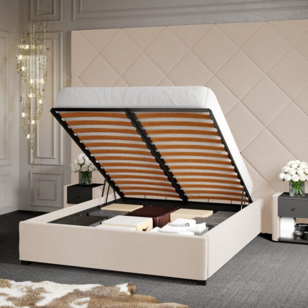 Pat Tapitat cu Panou Inalt C3 Dubai pentru saltea de 190 rabatabil cu lada Crem - Velluto 2 160x190