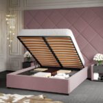 Pat Tapitat cu Panou Inalt C3 Dubai pentru saltea de 190 rabatabil cu lada Roz - Velluto 14 180x190