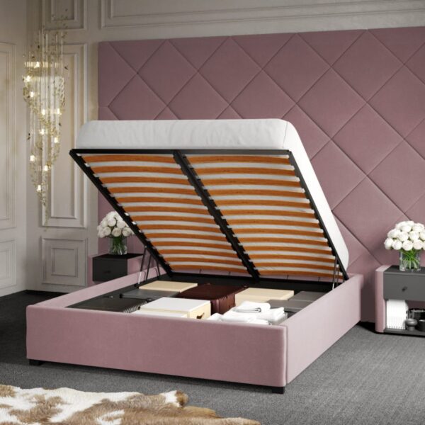 Pat Tapitat cu Panou Inalt C3 Dubai pentru saltea de 190 rabatabil cu lada Roz - Velluto 14 180x190