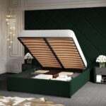 Pat Tapitat cu Panou Inalt C3 Dubai pentru saltea de 190 rabatabil cu lada Verde Inchis - Velluto 27 180x190