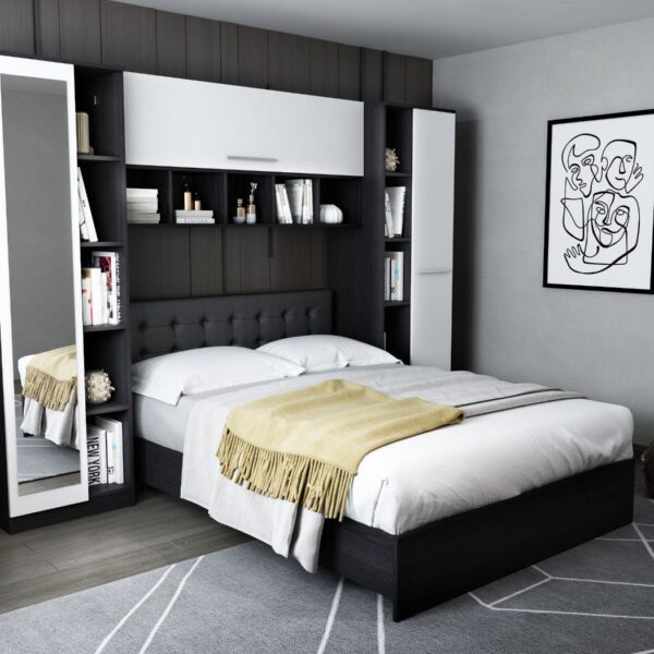 Set Mobila Dormitor Mario 2.87m pat incadrat si oglinda tapitat wenge