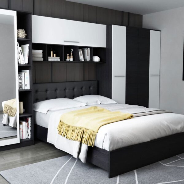 Set Mobila Dormitor Mario 3.85m pat incadrat tapitat wenge