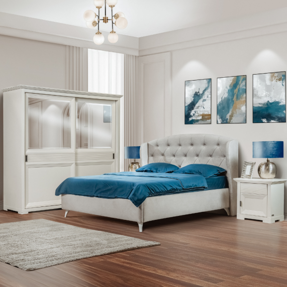 Set Dormitor Verona Bianco Cu Pat Tapitat